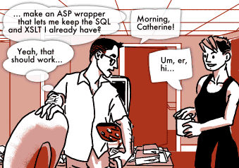 <d xmlns="tag:alleged.org.uk,2003:strip"> In office. Meets Catherine. </d>
<p xmlns="tag:alleged.org.uk,2003:strip"> &#8230; make an ASP wrapper that lets me keep the SQL and XSLT I already have&#8230;? </p>
<p xmlns="tag:alleged.org.uk,2003:strip"> Morning! </p>
<p xmlns="tag:alleged.org.uk,2003:strip"> Um, hi </p>