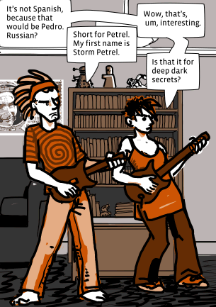 Cut to: Petro and Catherine playing a guitar-simulation video game.

