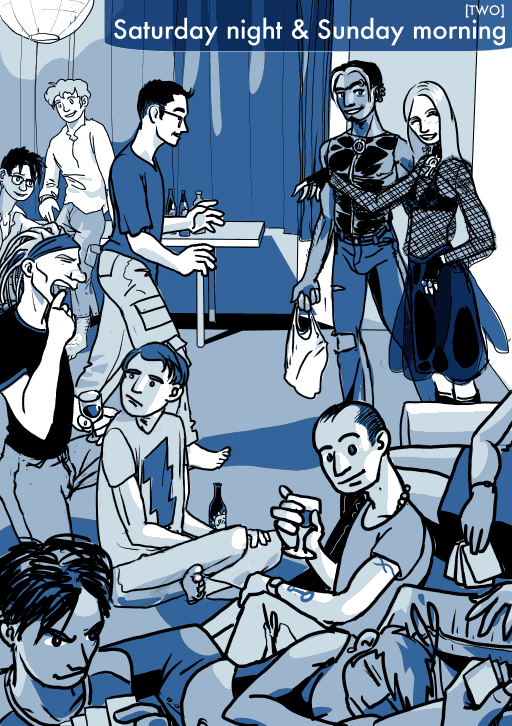 Party scene at Percy and Petro&#x2019;s house, with Manzil and Daubeny just arriving.